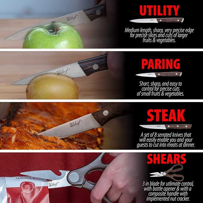 Deco Chef 16 Piece Kitchen Knife Set Stainless Steel with Wood Handles, 8" Chef, 6.5" Cleaver, 8" Bread, 8" Slicing, 4.5" Paring, 6pcs Steak Knives, Kitchen Shears, and more