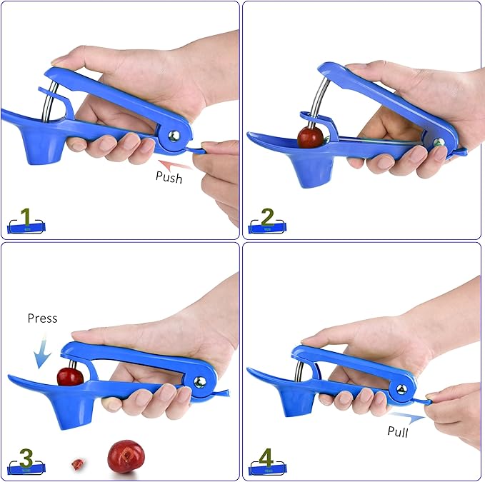 Cherry Pitter - Ordekcity Stainless Steel Cherries Corer Pitter Tool with Hand-held Push Design, Save Time & Space for Making Cherry Jam with Lock Design(Blue)