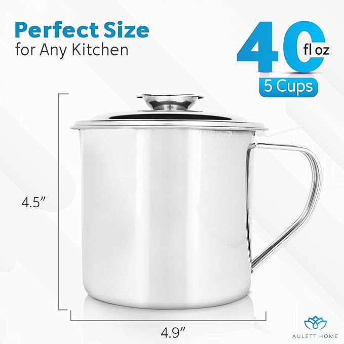 Aulett Home Bacon Fat Container with Oil Strainer - 40 oz Stainless Steel Grease Separator for Kitchen - Oil Separator for Cooking, Storing Fats, Drippings - Grease Keeper for Bacon Fat - 4.5x4.9-Inch