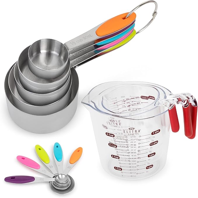 Complete Measuring Set, 13-Pack Stainless Steel Cups, Spoons, Plastic Measuring Pitchers with Spout - Engraved Measurements, Non-Slip Handles - Cooking & Baking Essentials