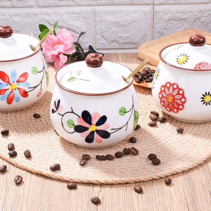 Porcelain Sugar Bowls with Lid and Spoons, Ceramic Seasoning Container for Home and Kitchen (LH)