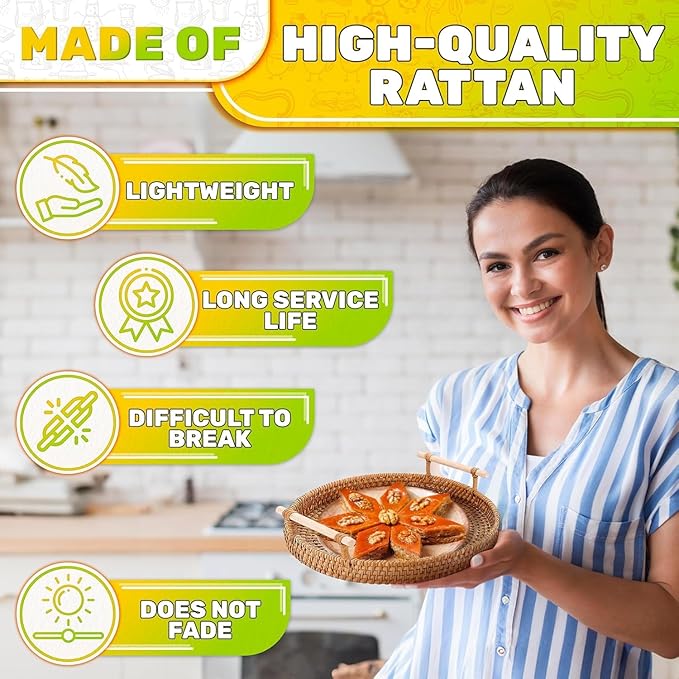 Rattan Tray 8.7-Inch Round – Woven Serving Basket with Handles – Holidays Romantic Decorative Tray for Coffee Table, Bread, Fruit, Vegetables, Restaurant & Home Use Charming Easter Styling Table Decor