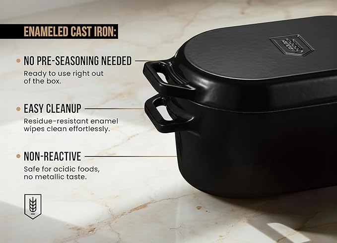 KooK Dutch Oven, For Sourdough Baking, Dual Handles, Enameled Cast Iron, includes Silicone Mat and Sourdough Guide, Dishwasher Safe, 5 Qt, (Black)