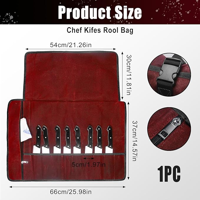 Chef Knife Roll Bag,Waxed Canvas Knife Travel Case,Heavy Duty Professional Knife Carrier Storage Holder with 10 Slots,Portable Kitchen Culinary Tool Organizer for Men,Fits up to 18.8” Knives.Burgundy
