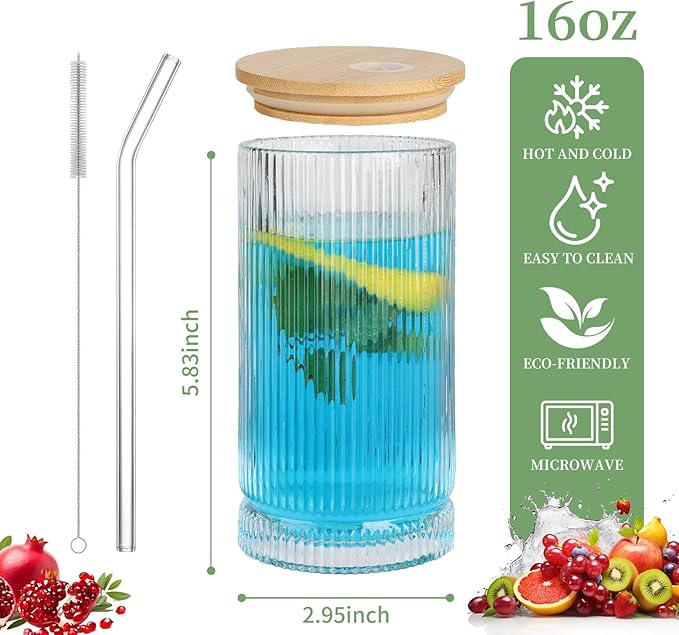 16 Oz Ribbed Drinking Glasses with Lids and Straws, 4 Pack Iced Coffee Glasses Clean Water Glass Cups for Kitchen Juicing, Office, Travel