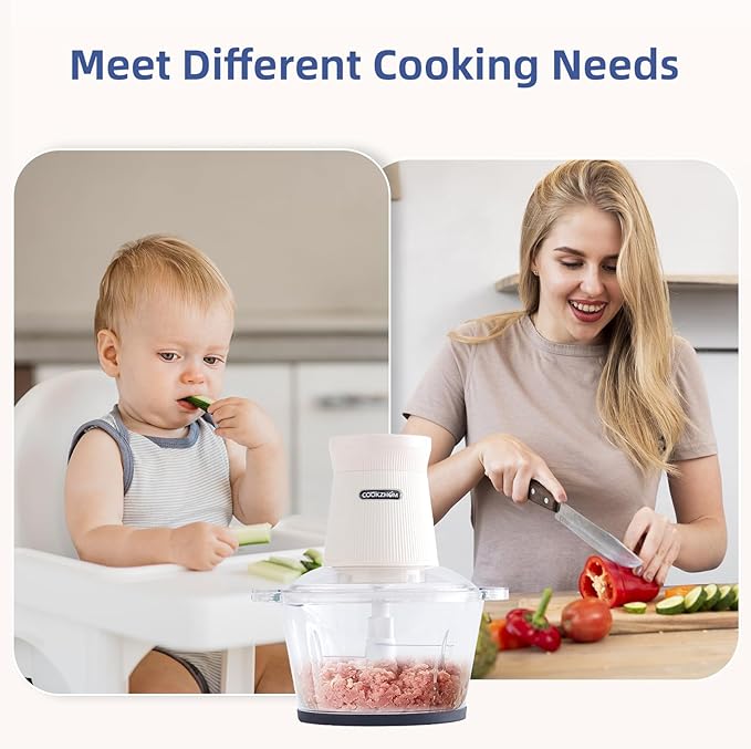 COOKZHOM 500W Food Processor, White Meat Grinder with Glass Bowl 8 Cup, Electric Food Chopper with 2 Sharp Blade Sets for Meat, Fruits, Vegetables, Baby Food, Nuts, 2 Speed