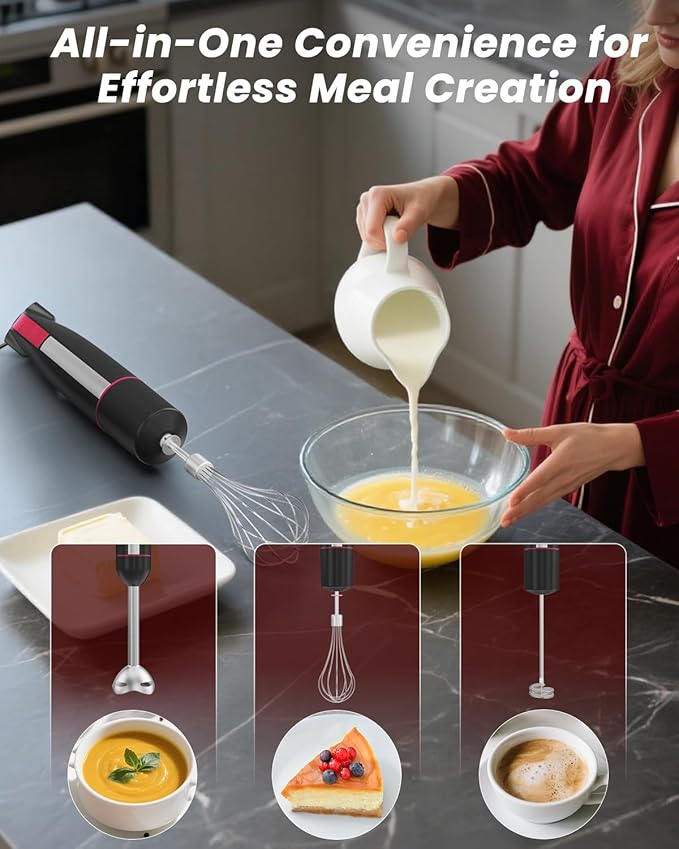 Immersion Blender Handheld 1000W, 3-in-1 Stick Hand Blenders for Kitchen with Upgraded 20 Speed Turbo, Includes Milk Frother & Electric Whisk Attachments for Soups, Purees & Emulsions