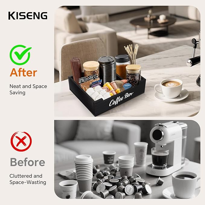 Coffee Pod Bar Station Wooden 14" X 10" X 4" Organizer Box for Countertop, Counter Top Tea Espresso Cup Wood Storage Box, Black