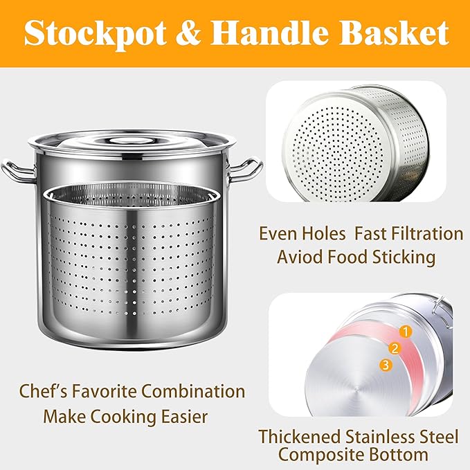 MANNY HOME 24-Quart Stainless Steel Seafood Stockpot with Basket, Crawfish, Crab, Lobster Boil StockPot, Shrimp Boil Stock Pot with Strainer, Turkey Fryer Pot,27L,7Gallon