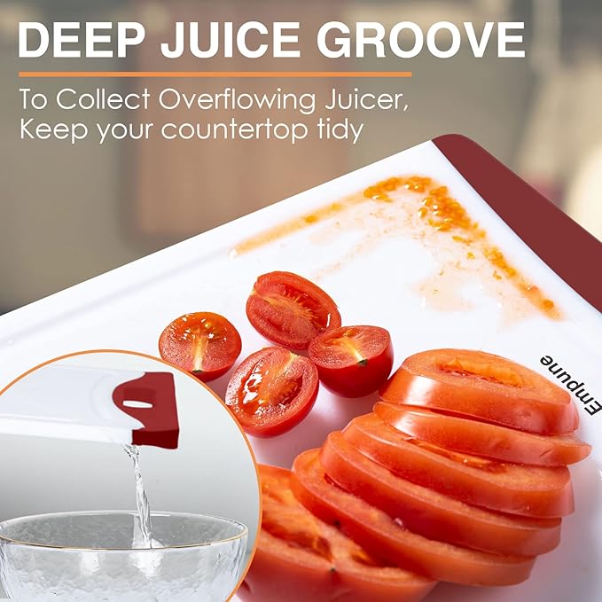 Extra Large Cutting Boards, Plastic Cutting Boards for Kitchen (Set of 4) Cutting Board Set Dishwasher Chopping Board with Juice Grooves Easy-Grip Handles, Red, Empune