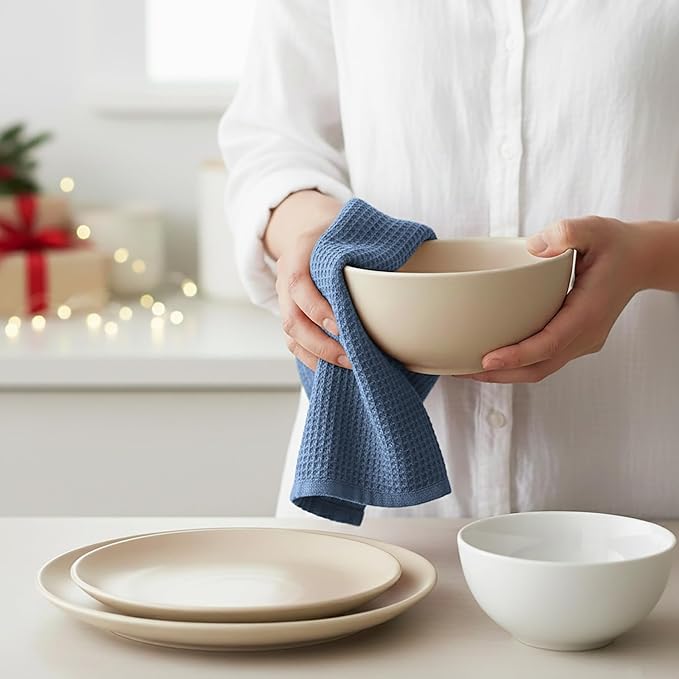 PurpleEssences Waffle Weave Kitchen Towel, 100% Cotton 15x25 Inches, with Hanging Loop Soft Absorbent Quick Drying Dish Cloth, Tea and Hand Towels, 6 Pack - Christmas Holiday Winter - Smoky Grey
