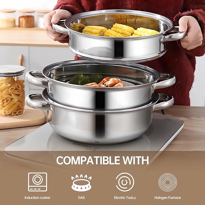 3-Tier Stainless Steel Steamer Pot with Lid, Multipurpose Steam Pots for Cooking, Vegetable & Dumpling Steamer Set with Durable Handles and Glass Lid for Fish, Meat, and Seafood