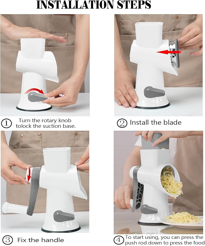 Cheese Grater with Handle,Multifunctional Rotary Cheese Grater,Kitchen Cheese Shredder Can Easily Chop Vegetables,Potatoes,Carrots,Etc.The Suction Cup is Stable and Easy to Clean (white)