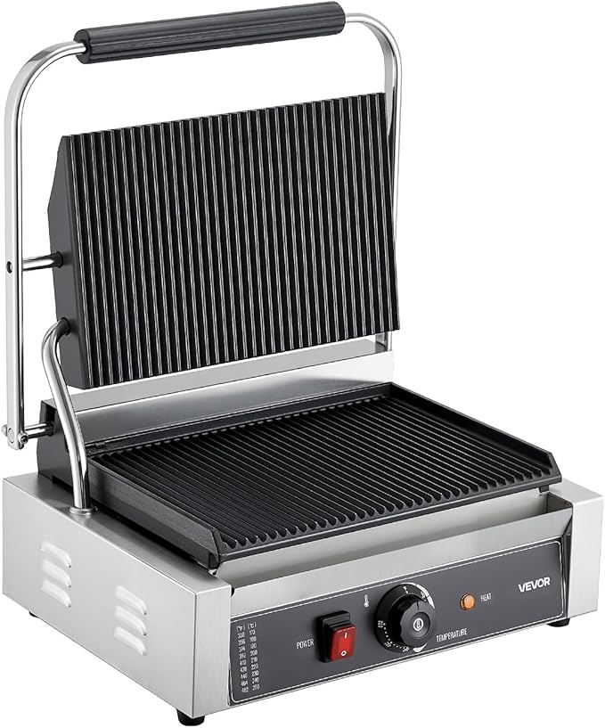 VEVOR Commercial Panini Grill, 1800W Electric Sandwich Panini Maker, Stainless Steel Sandwichs Press with Handle and Temp Control, 13.5x9.3 in Full Grooved Enamel Plate, for Hamburger Steak Bacon