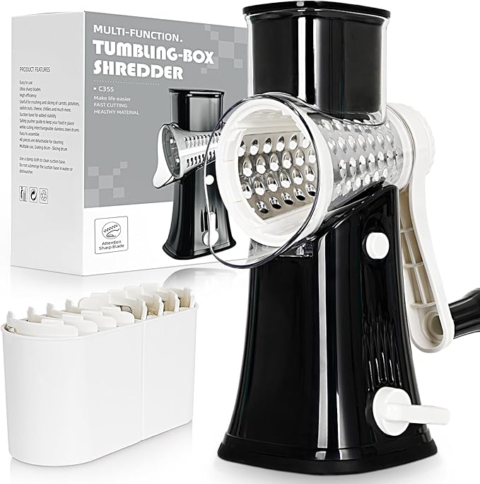 5-in-1 Rotary Cheese Grater Hand Crank, Vegetable Slicer Shredder with 5 Interchangeable Blades, Graters for Kitchen, Safe Kitchen Tool for Cheese, Nuts, Chocolate, Black