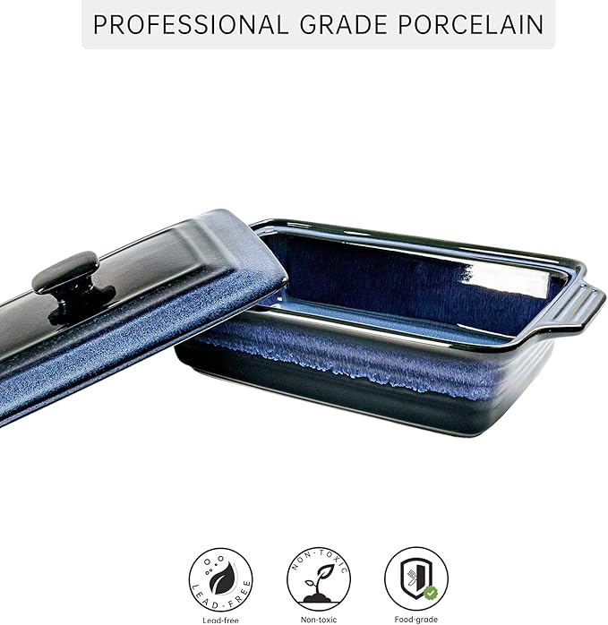 UNICASA Casserole Baking Dish with Lid - Ceramic Blue Lasagna Pan 3.2 Quart, Large Covered Bakeware Set 9x13 for Cooking, Stoneware Bakers Microwave Oven Safe - Reactive Glaze Blue