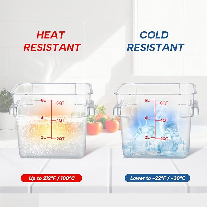 STEELUS 4 Pack Food Storage Containers, 6 Quart with Lids, Square Commercial Containers with Scale, Clear NSF Food Organizing, Polycarbonate