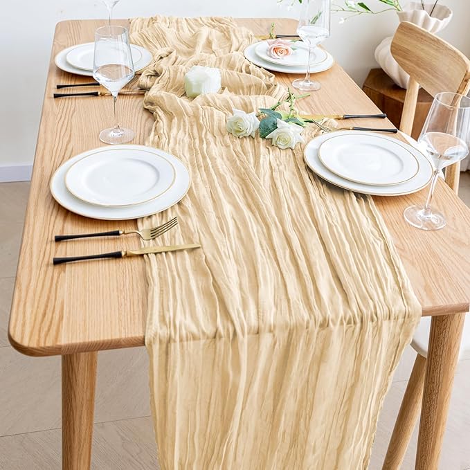 Wokceer Cheesecloth Table Runner 12Pack 10FT Sand Christmas Gauze Cheese Cloth Table Runner for Party Long Rustic Sheer Table Runners for Baby Bridal Shower Wedding Easter Decor