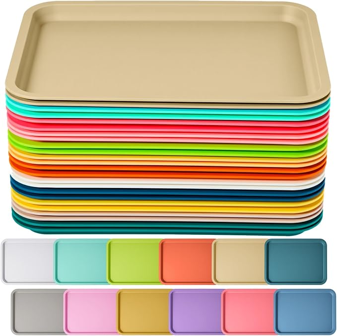 Mumufy Plastic Fast Food Trays Bulk Colorful Restaurant Serving Trays Cafeteria Rectangular Plastic Serving Platter Grill for Kitchen Restaurant Coffee(Bright Color,24 Pcs)