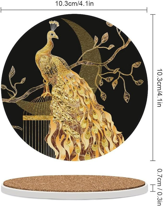 Round-6PCS Peacock Ceramic Coasters, Round Absorbent Drink Coasters, Vintage Tree Branch Beautiful Gold Peacock Ceramic Table Coasters for Coffee, Beverage, Wine, Beer Coasters