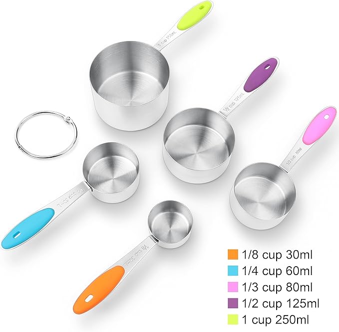 Stainless Steel Measuring Cups, 5 PCS Nesting Measuring Cups Set with Easy-Read Markings & Ring, Metal Scoops for Dry Liquid Ingredients,Stackable Cup Measure Spoons for Baking Cooking Kitchen Gadgets