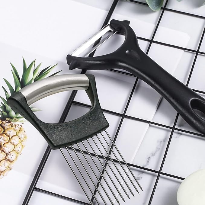 Potato Peelers for Kitchen – Stainless Steel Potato Slicing Guide with Safety Handle + Dual Blade Peeler for Easy Food Prep – Perfect for Onions, Tomatoes, Potatoes, and More