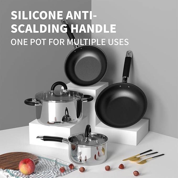 Pots and Pans Set Non Stick, Stainless Steel Cookware Set of 6, Frying Pans, 5 Ply Base Dishwasher Safe