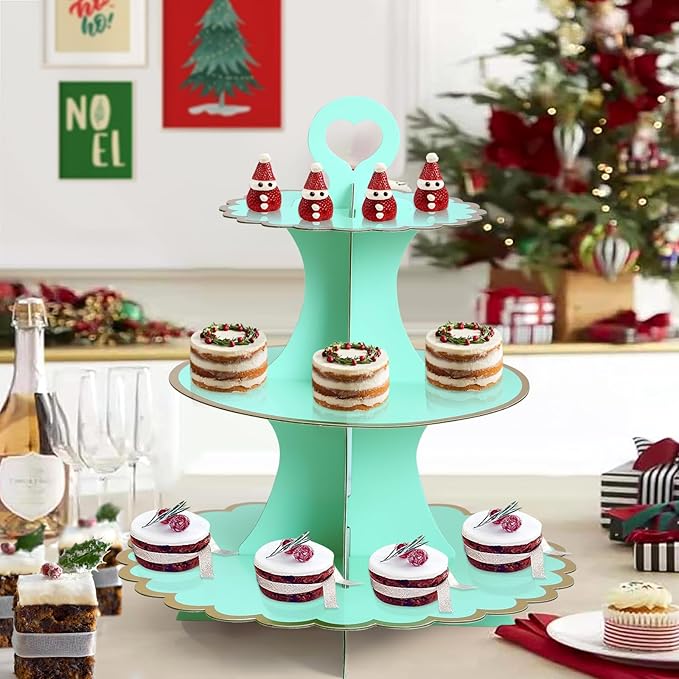 Soleebee 3-Tier Cupcake Stand, Cardboard Cupcake Tower, Cup Cake Stand Tower for Birthday Wedding Party Decoration, Cupcake Tier Stand Desserts Display 2 Set (Green Gold)