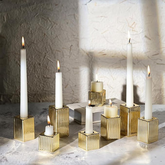 LETINE 12pcs Gold Vertical Stripe Glass Candlestick Holders - Chic Taper Candle Sticks Holder Set for Elegant Dining & Home Decor - Ideal for Christmas, Halloween, Thanksgiving