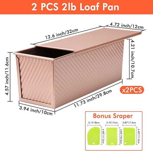 Beasea Pullman Loaf Pan with Lid, 2 Pack 2 lb Large Bread Loaf Pans 12x4inch Nonstick Carbon Steel Toast Box with Dough Scraper Set for Homemade Bread Bakeware Oven Baking - Rose Gold