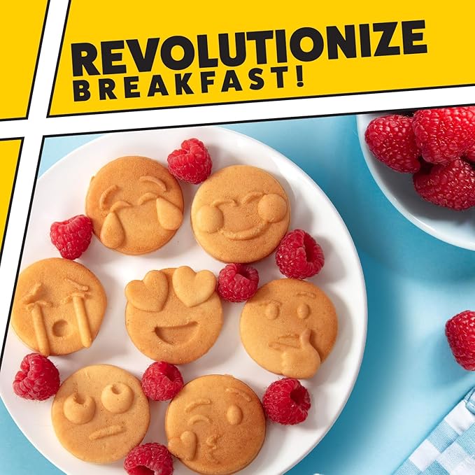 Mini Emojis Waffle Maker for Valentine's Day Breakfast- Make 7 Unique Smiley Face Waffles Pancakes for Kids- Electric Non-Stick Iron Feat Kiss Face Heart Eyes & Smile w Recipe Guide- Licensed by Emoji