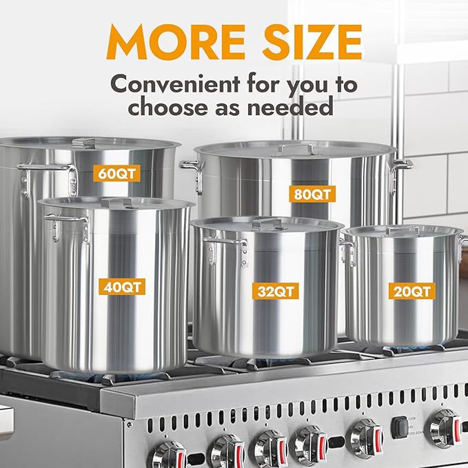 CURTA 60 Quarts Aluminum Stock Pot with Lid, Heavy Duty Commercial Grade Large Capacity Cooking Pot for Boiling, Stewing, Great for Kitchen, Restaurant, Catering, and Home Use,NSF certified