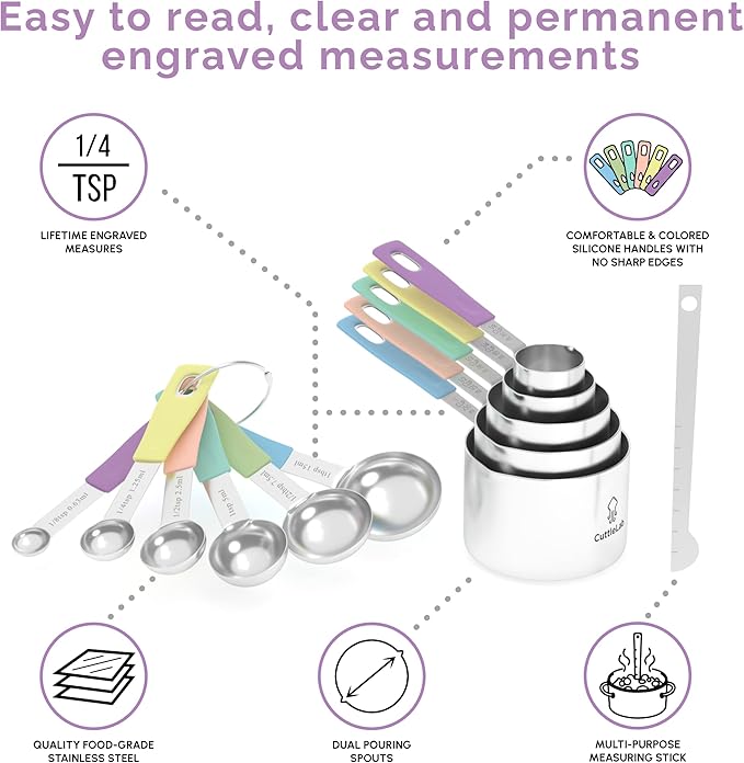 Measuring Cups and Measuring Spoons Set of 14 - Stainless Steel Measuring Cups and Spoons Set, Includes 1/8 Teaspoon Measuring Spoon, 1/8 Cup Measuring Cup, Leveler Dry (14,Cotton Candy)
