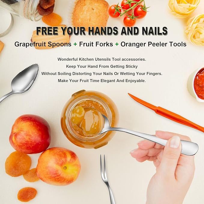 Grapefruit Spoon Serrated Edge Stainless Steel Fruit Knife Grapefruit Utensils Tool Dessert Spoons Orange Peeler Tool for Citrus Lemon Kiwi Salads (4 Set)