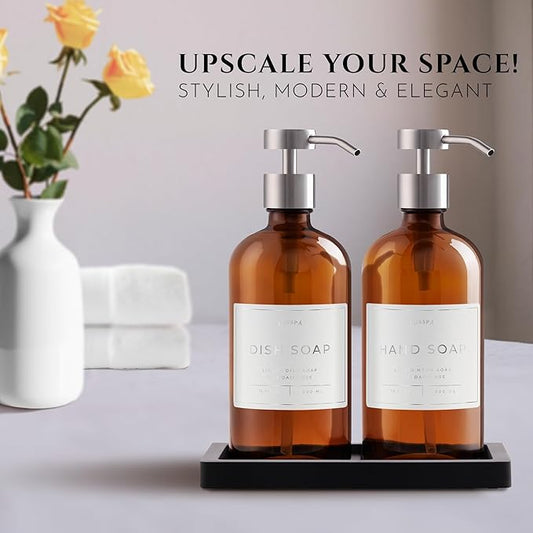 Lotion, Hand & Dish Soap Dispenser for Kitchen & Bathroom | Soap Dispenser Set of 2 16.8 Oz Glass Bottles with Stainless Steel Pump, 15 Water Proof Labels & Silicon Tray (Amber/Silver)
