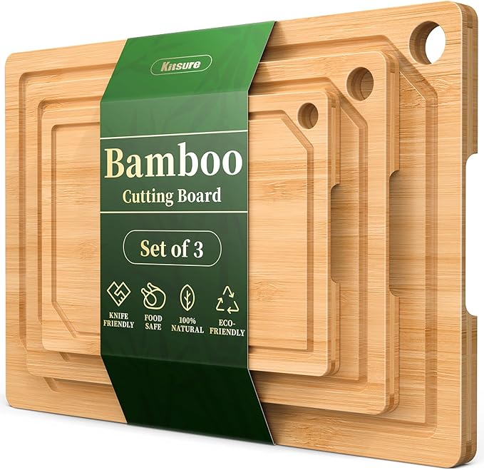 Kitsure Cutting Board Set - 3-Piece Wooden Cutting Boards for Kitchen with Juice Groove, Handles, Hang Holes, Stylish Kitchen Essentials for Chpping & Serving, Natural, 0.4"Th - (L+M+S)