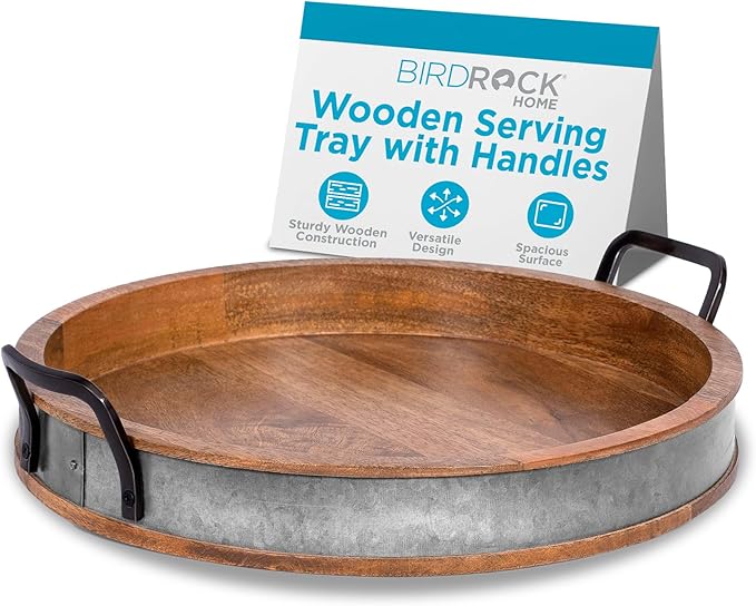 BIRDROCK HOME Large Round Wooden Serving Tray with Handles & Iron Accents - Round Barrel Tray for Living Room, Kitchen, Coffee Table Decor, Breakfast, Cheese Board & Bar - Tray Platter in Lap & Couch