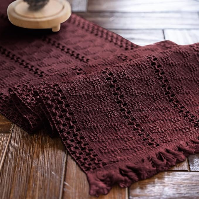 Alynsehom Macrame Table Runner Burgundy Boho Table Runners with Tassels Hand Woven Cotton Table Runner Rustic Farmhouse Table Runners for Bohemian Kitchen Dining Table(12x71in)