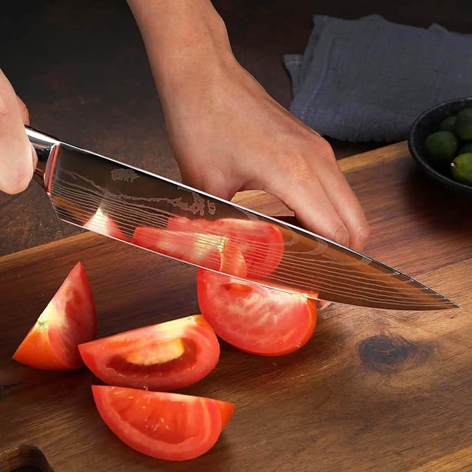 SENKEN 8-Piece Japanese Knife Set - Black Resin Handle, Laser Damascus Pattern - Onyx Collection - Chef's Knife, Cleaver, Santoku, Bread & Paring Knives