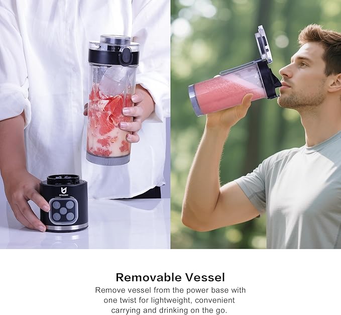 UTALENT Cordless Portable Blender, 25 oz removable Vessel, Powerful Personal Blender, For-Smoothies, Ice Crush, 4 Programs, Leakproof-Lid & Sip Spout, USB-C Rechargeable, Dishwasher Safe Parts, Black