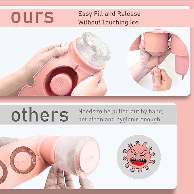 2PC Ice Mold for Stanley Cup 30/40 Oz - Easy Fill and Release Without Touching Ice, Silicone Ice Cube Tray with Clear Lid and Bin for Freezer, Whiskey, Cocktail (Pink+Pink)