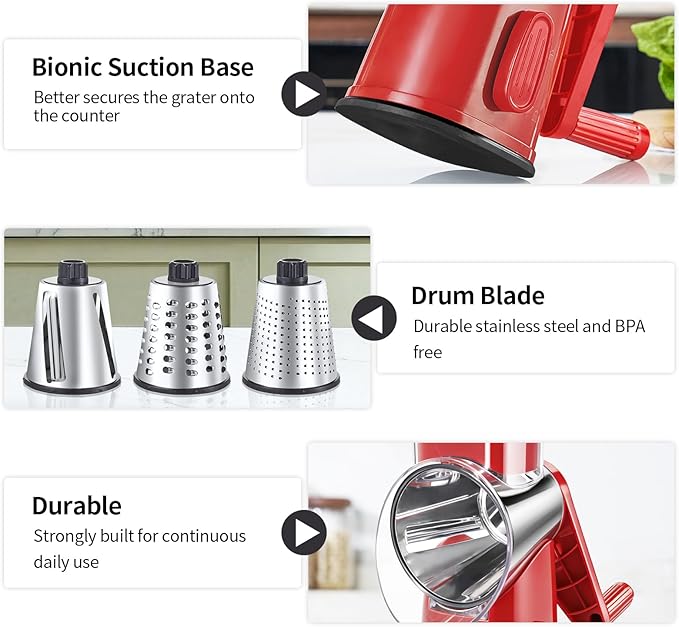 Rotary Cheese Grater with 3 Blades, Large Hand Crank Cheese Grater with Waffle Slicer, Black and White Cheese Slicer with Suction Base, Easier for Shredding& Grating (red, 3 Graters)