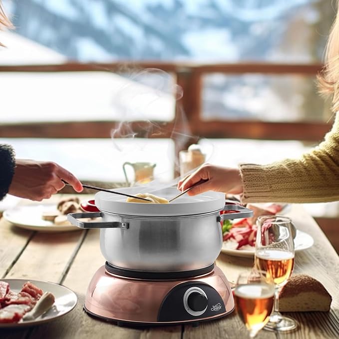 Artestia Electric Chocolate & Cheese Fondue Set with Two Pots (Stainless Steel and Ceramic), Serve 8 persons (C. Stainless Steel/Ceramic Pots, Rose-gold Base)