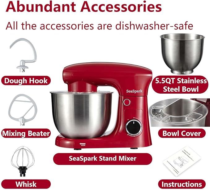 SeaSpark Stand Mixer, 3 in 1 Stand Mixer, 5.5Qt Electric Mixer, Mixer with Stainless Dough Hook, Wire Whip & Beater, Food Mixer for Baking, Cake and Most Home Cooks, Red