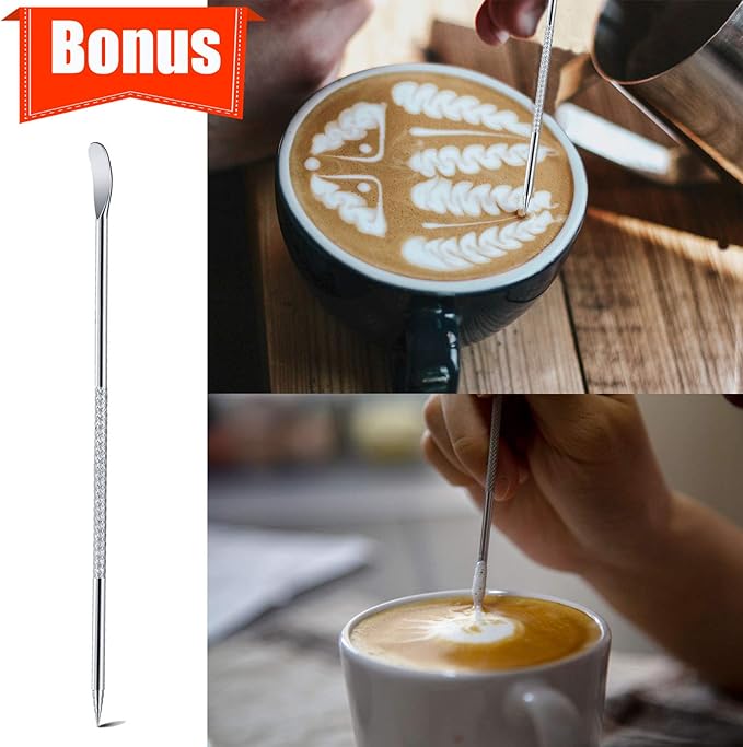 Milk Frothing Pitcher, 12oz Espresso Steaming Pitchers Stainless Steel Cappuccino Coffee Machine Accessories Barista Tools Steam Froth Pitchers Milk Jug Cup with Decorating Pen Latte Art, Blue