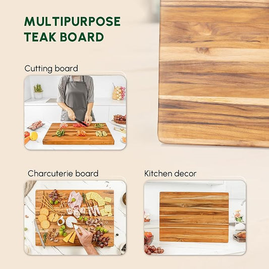 BEEFURNI Teak Wood Cutting Board with Hand Grip (L, 22x16x1.25"), Large Wooden Cutting Boards for Kitchen, Chopping Board Wood, Butcher Block, Charcuterie Board, Christmas Gifts, 1-Year Warranty