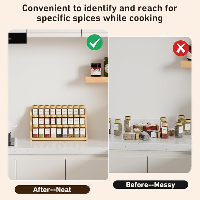 Bamboo 3 Tier Spice rack, Spice Organizer, Kitchen Seasoning Spices Rack, Suitable for Spice Organizers Such as Sitchen Countertops, Stoves, Sorage Rooms (L)
