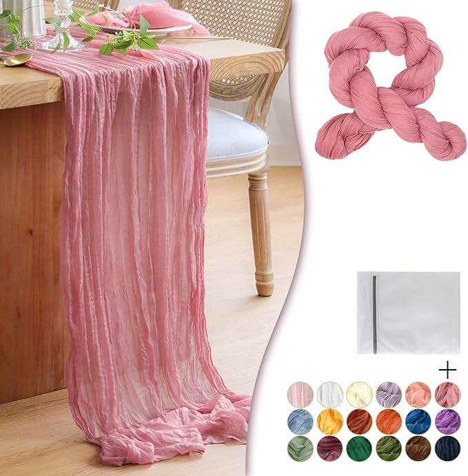 Dusty Pink Cheesecloth Table Runner 1 Pack 35" Boho Gauze Runner 120 inches Long Runner Rustic Sheer Fabric Bulk for Baby Shower Wedding Bridal Birthday Party Table Decorations