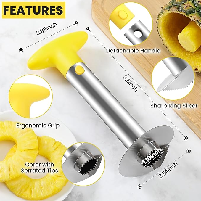 Premium Pineapple Corer and Slicer Tool - Sharp Pineapple Cutter with Serrated Tips - Easy to Use and Clean - Stainless Steel Core Remover for Pineapple - Core Fruits with Ease(Yellow)