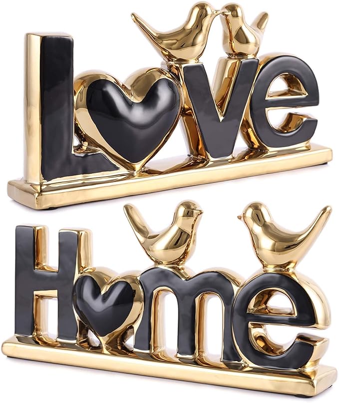Love Sign Decor,Gold Room Decor Aesthetic, Knick Knack Shelf,Bird Decor, Boho Bookshelf,Abstract Statue,for Living Room,Bedroom, Contemporary Tv Stand Set of 2 (2, Gold Black)